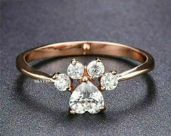 Round Simulated Round Cut Diamond Birthday Gifting Ring For Her 14K Gold Plated Sterling Silver Dog Paw Ring Women Anniversary Ring 0.45Ctw