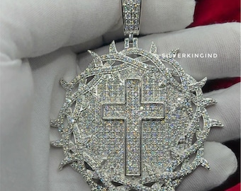 VVS Moissanite Cross Pendant, Crown of Thorns Pendant Jewelry, Real Moissanite Diamond Look Custom Pendant Gift for Him,religious gift