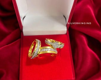 Moissanite Bridal Ring Set | 14K Yellow Gold Plated Silver | Engagement Ring Set | Wedding Band Trio Set | Diamond Look Ring Set for wedding