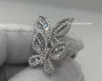 VVS Moissanite Butterfly Ring, Baguette & Round Cut Diamond Look Ring, Statement Silver Ring, Handmade Luxury Ring, Women Gift Jewelry
