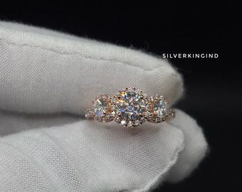 VVS Moissanite Engagement Ring, Round Cut Halo 3 Stone Ring, Rose Gold Promise Ring, Bridal Ring, Anniversary Gift, Free Engraving