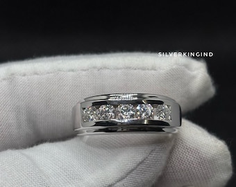5 Stone VVS Moissanite Ring | Channel Set Wedding Band | Men’s Moissanite Ring | Anniversary Band | Minimalist Luxury Ring | Gift for Him