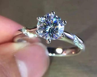 14K White Gold Plated, Wedding Solitaire Moissanite Ring, Engagement Sterling Silver Ring, 2 Ct Round Cut Moissanite Personalized Gifts