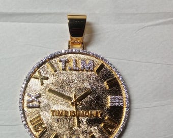 Men's Sterling Silver Clock Pendant: Moissanite Roman Numeral, 14k Gold Finish