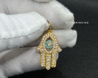 Hamsa Hand Pendant Gold Plated | Evil Eye Moissanite Charm | Protection Jewelry Necklace | Handmade Spiritual Jewelry Gift for Her