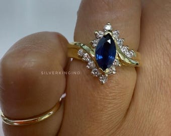 Blue Sapphire Marquise Cut Ring / Dainty Engagement Ring/September Birthstone Jewelry /Promise Ring for Her / 14 gold plated
