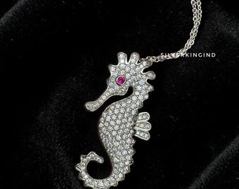 Real Moissanite Seahorse Pendant Necklace, Solid 925 Silver Ocean Jewelry, Diamond Look Seahorse Charm, Marine Animal Pendant Gift for Her