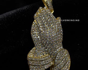 Real Moissanite Praying Hands Pendant, Prayer Hands Charm, HipHop style Faith Pendant , 925 Silver Gold Plated Religious Jewelry Gift ,