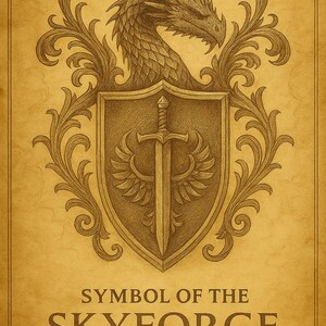 May include: A detailed illustration of the Skyforge Order symbol. The design features a dragon's head above a shield with a sword and wings. The text "SYMBOL OF THE SKYFORGE ORDER" is below the shield. The artwork is in shades of brown.