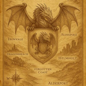 May include: A sepia-toned illustration featuring a dragon with outstretched wings above a shield. The shield displays a smaller dragon. The text includes "Greatffel Mountains," "Ironvale," "Dragonsreach," "Forgotten Coast," "Ruinspire," "Helmholt," "Alderport," and "Symbol of the Skyforge Order."