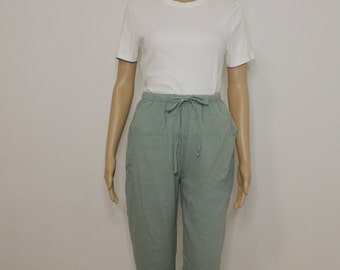 Pantaloni casual da donna in mussola con tasche e coulisse, pantaloni estivi, pantaloni lunghi da donna