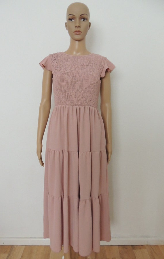 sachin and babi light blue dress Long Summer Dress With Smocked Top, Flounce Dress With Short Sleeves, Casual  Dress in Plain Colors