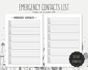 May include: A printable emergency contacts list with the title "EMERGENCY CONTACTS LIST" at the top. The document is designed with a minimalist aesthetic, featuring a clean layout with spaces for name, email, phone, address, and relation. The words "INSTANT DOWNLOAD" are in a black circle.