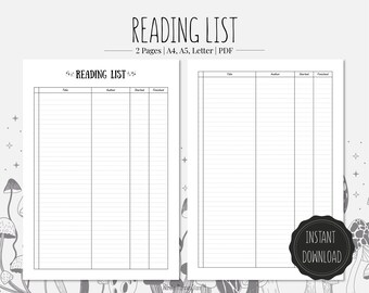 Reading List | TBR List | Book lover gift | Printable PDF | A4, A5, Letter format