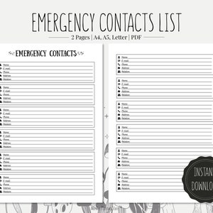 Emergency Contacts List | Printable PDF | A4, A5, Letter format | Home organization | Important documents | Instant Download