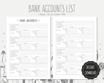 Bank Accounts List | Printable Home Finance Tracker (A4, A5, Letter) (PDF)