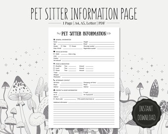 Pet Sitter Information Sheet | Printable PDF, Emergency Contacts (Instant Download)