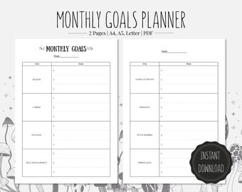 Monthly Goal Planner | Printable PDF | A4, A5, Letter format