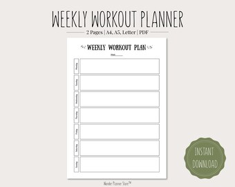 Weekly workout planner | Fitness planner | Printable PDF | A4, A5, Letter format