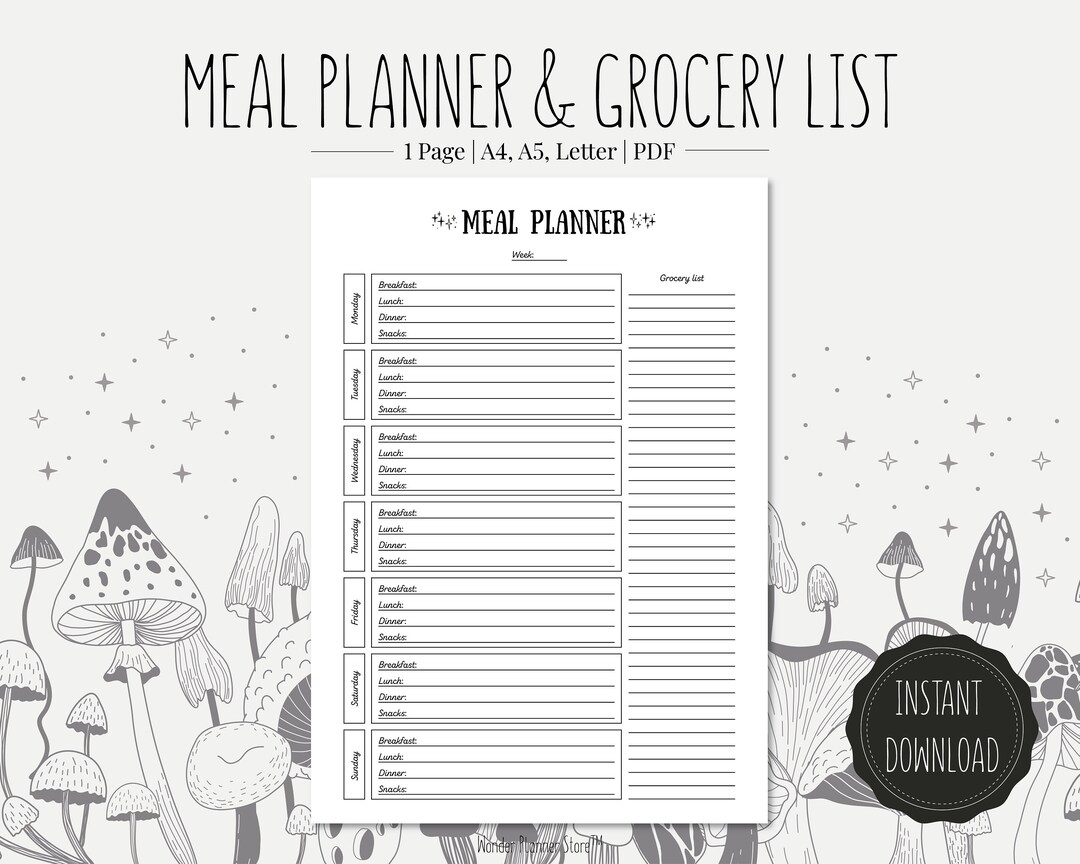 Meal Planner and Grocery List | Printable PDF | A4, A5, Letter Format ...