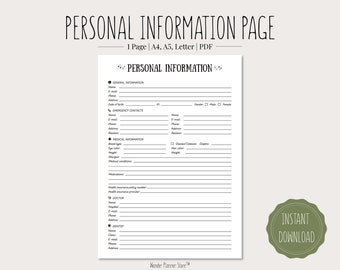 Personal Information Page | Printable PDF | A4, A5, Letter format | Home organization | Important documents | Instant Download