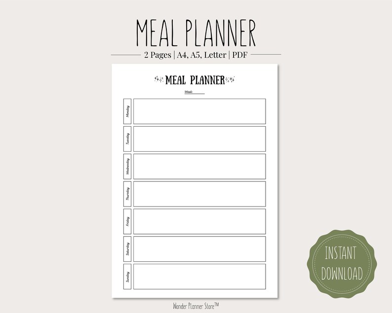 Meal Planner Printable PDF A4, A5, Letter Format Monday &amp; Sunday Start ...