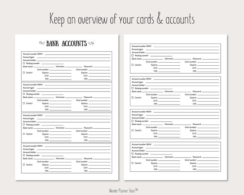 Bank Accounts List Printable PDF A4 A5 Letter Format - Etsy