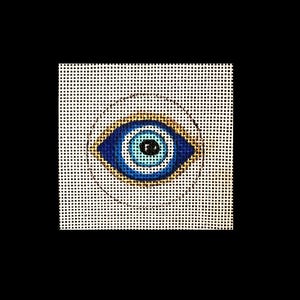 May include: A blue evil eye with a white and black center, surrounded by a yellow circle, on a white background.