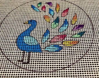 3" Peacock Needlepoint canvas hand painted, perfect size mini  tabletop display, ornament or combine them as wall decor