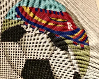 Personalized Initial Soccer needlepoint hand painted, 4" perfect size sport lovers soccer ornaments, coasters, wall or tabletop display