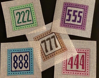 Angel Numbers Custom Bag Charm Needlepoint hand painted, great personalized gift idea 2" perfect size ornament, bag charm, tabletop display