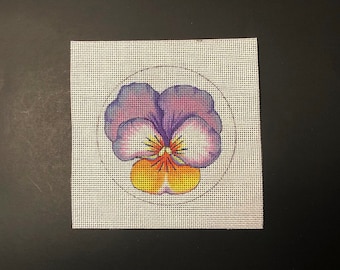 Needlepoint hand painted purple pastel pansy canvas, 4" perfect size for a pansy ornaments, coasters, wall decor or for table top display.