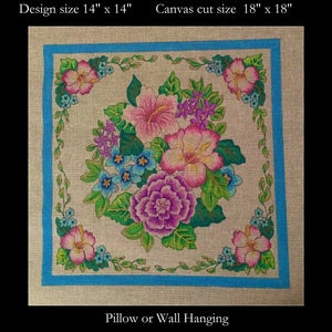 Hand painted Needlepoint Floral design on orange line Zweigart canvas, beautiful 14&quot; x 14&quot; pillow or wall hanging.