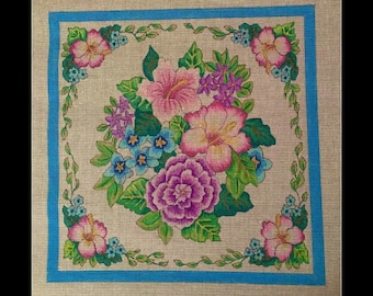 Hand painted Needlepoint Floral design on orange line Zweigart canvas, beautiful 14" x 14" pillow or wall hanging.
