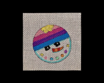 Mini Smiley Snowman Needlepoint hand painted canvas, colorful gift idea, 2" perfect size bag charm, ornament, keychain, or tabletop display