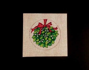 Magic Mistletoe needlepoint hand painted canvas, 4" perfect size to use as an ornament or door way hanging