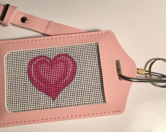 Pink Heart Multi-use Keychain / Luggage Tag / Bag charm Hand Painted Needlepoint canvas, Plastic Clear Cover Keeps Canvas Clean, Easy Insert
