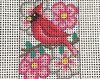 Red cardinal with flowers bookmark, hand painted needlepoint. 1.5" x 6" great bird lovers bookmark gift idea