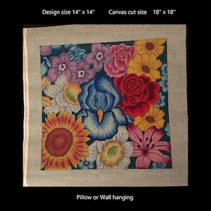 Hand painted Needlepoint Floral design on orange line Zweigart canvas, beautiful 14&quot; x 14&quot; pillow or wall hanging.