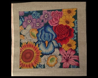 Needlepoint pillow, Hand painted canvas floral, iris flowers on deluxe Zweigart canvas, beautiful 14" x 14" pillow or wall hanging.