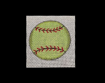 Mini Softball Hand Painted Needlepoint Canvas, 2" perfect size for a bag charm, keychain, ornament, tabletop display or wall decor.