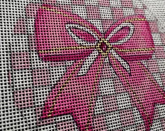 Pink Bow Hand Painted Needlepoint Canvas Gold Touches 4" perfect size ornament, tabletop, desk, wall decor, Free needlepoint display stand