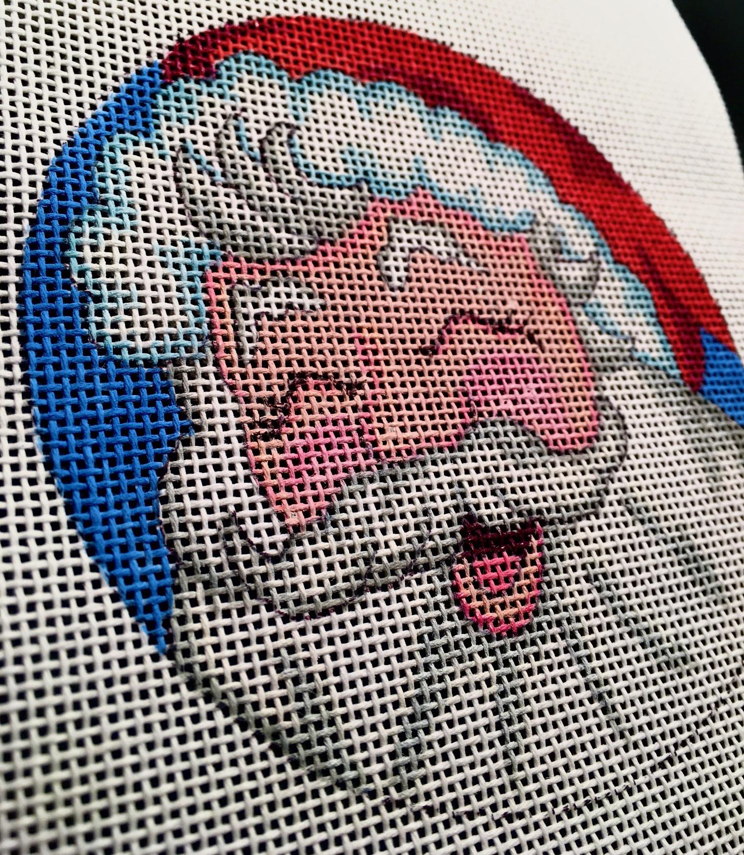 Laughing Santa Hand Painted Needlepoint Canvas, 4" perfect size ornament, tabletop display or wall decor. Free needlepoint display stand