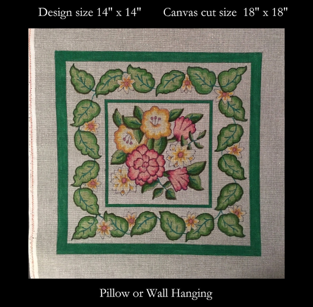 Hand Painted Needlepoint Floral Design on Orange Line Zweigart Canvas