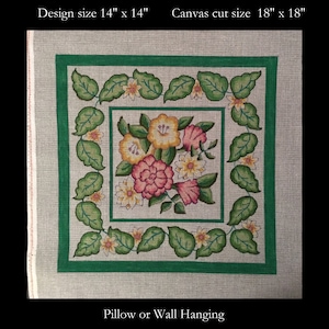 Hand painted Needlepoint Floral design on orange line Zweigart canvas, beautiful 14&quot; x 14&quot; pillow or wall hanging.