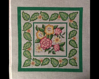 Needlepoint Pillow Floral Hand Painted design on deluxe Zweigart canvas, beautiful 14" x 14" pillow or wall hanging.