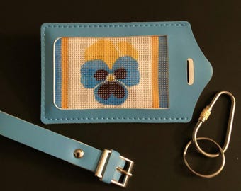 Blue Pansy Luggage Tag / keychain / Bag Charm - Multiuse Hand Painted Needlepoint canvas Clear Plastic Cover Keeps Canvas Clean, Easy Insert