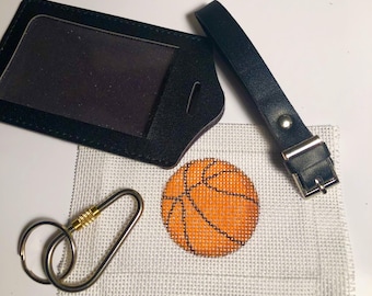 Basketball Luggage Tag / keychain / Bag Charm - Multiuse Hand Painted Needlepoint canvas Clear Plastic Cover Keeps Canvas Clean, Easy Insert
