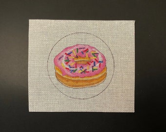 Strawberry Iced Donut needlepoint hand painted canvas, 4" perfect size for donut ornaments, coasters, wall decor or table top display