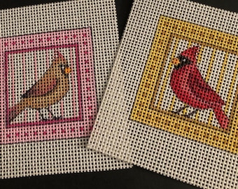 Mini Female Cardinal Super Cute Needlepoint hand painted canvas, 2" perfect size as a bag charm, ornament, tabletop display, or wall
